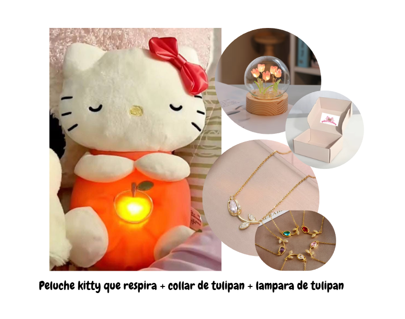 PELUCHE KITTY QUE RESPIRA + LAMPARA DE TULIPAN + COLLAR DE TULIPAN