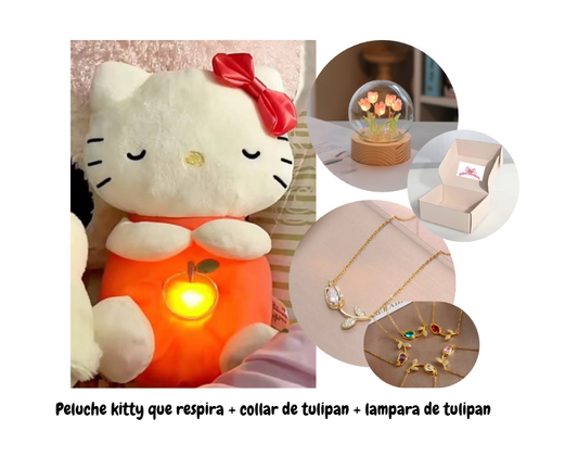 PELUCHE KITTY QUE RESPIRA + LAMPARA DE TULIPAN + COLLAR DE TULIPAN